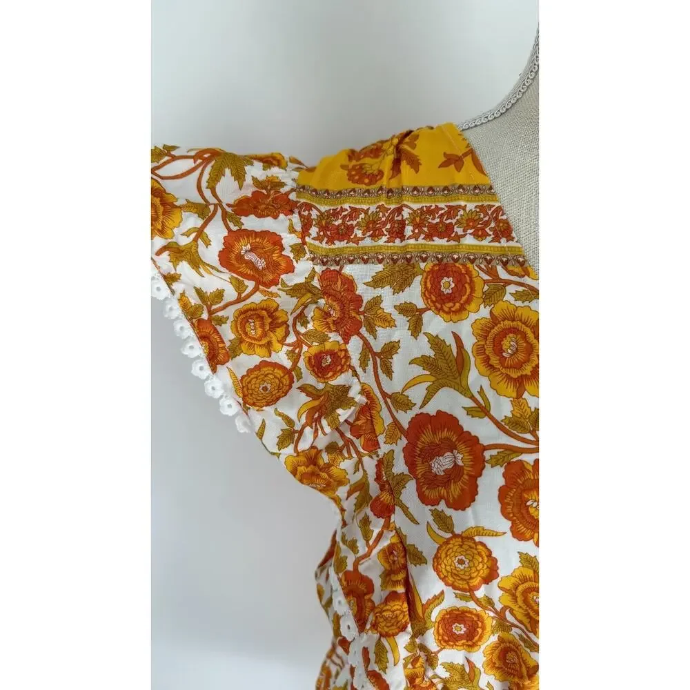 Entro Womens Orange Gold Floral Playsuit Romper Elastic Waist Size Small NWT